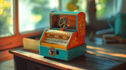 A vintage, tin music box with a floral motif glows warmly in golden sunlight, resting on a rustic...