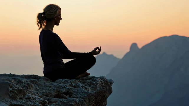 Embrace tranquility as a woman finds inner peace meditating on a rocky ledge, bathed in the warm hues of a breathtaking sunset. Nature's beauty enhances her journey
