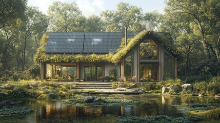Fototapeta premium Modern, sustainable house with solar panels and a green roof, nestled in a lush forest with a pond in the foreground.