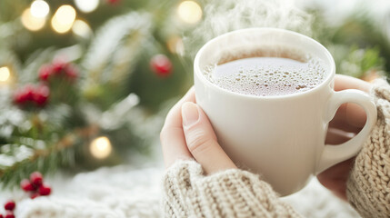 Obraz premium Warm Winter Drink in Hands with Knitted Gloves and Festive Lights