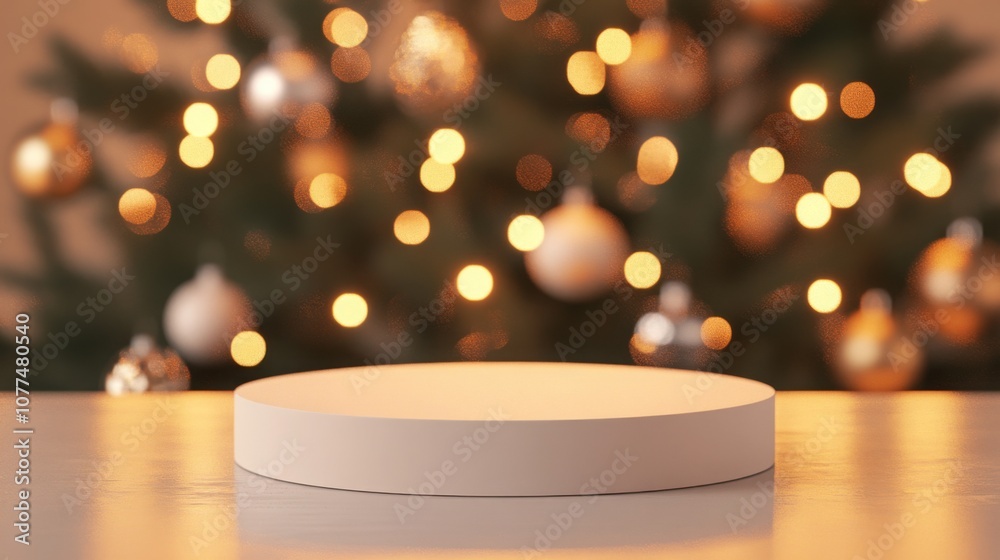 Poster A circular platform sits in the foreground, inviting attention, while a beautifully decorated Christmas tree glimmers with warm lights in the background, creating a festive atmosphere.