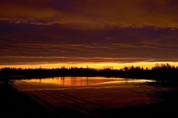Flooded Farm Field Sunrise. Heavy rains cause a flooded, muddy farm field at sunrise in autumn.

