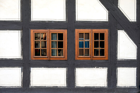 Pair of windows of traditional german architecture fachwerk