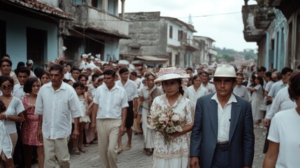 Fototapeta premium Amidst a bustling crowd in a narrow street, a couple in vintage attire stands out, dressed for a celebration, their presence filled with significance.