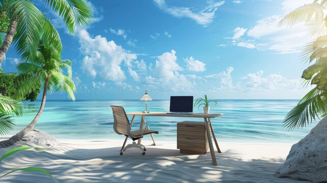 Computer desk with laptop standing on the sandy beach of a tropical island. The concept of remote work or the need for rest and a change of environment for office workers.