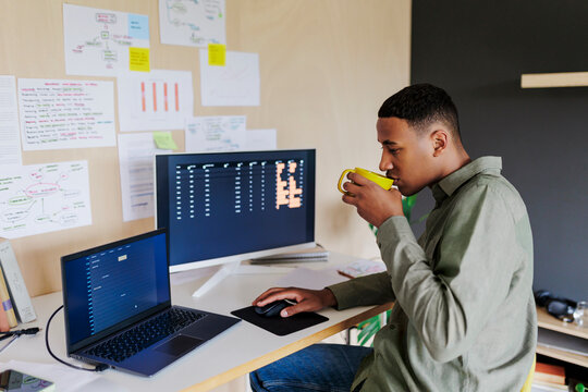Programmer drinking coffee working from home