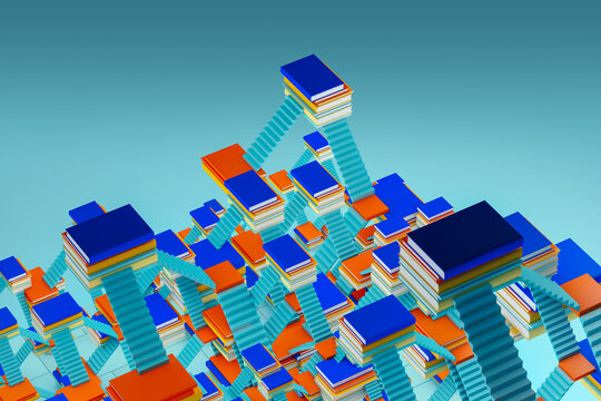 Abstract colorful books and stairs in an educational scene