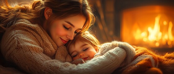 A cozy scene of a mother and child snuggling by a warm fireplace, radiating warmth, love, and comfort during a tranquil moment together.