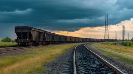 Obraz premium A Freight Train Carrying Coal Under a Stormy Sky