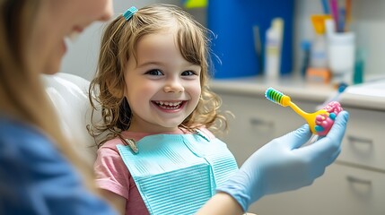 Happy child from Canada receiving a fun colorful toothbrush from their dentist promoting positive dental visits