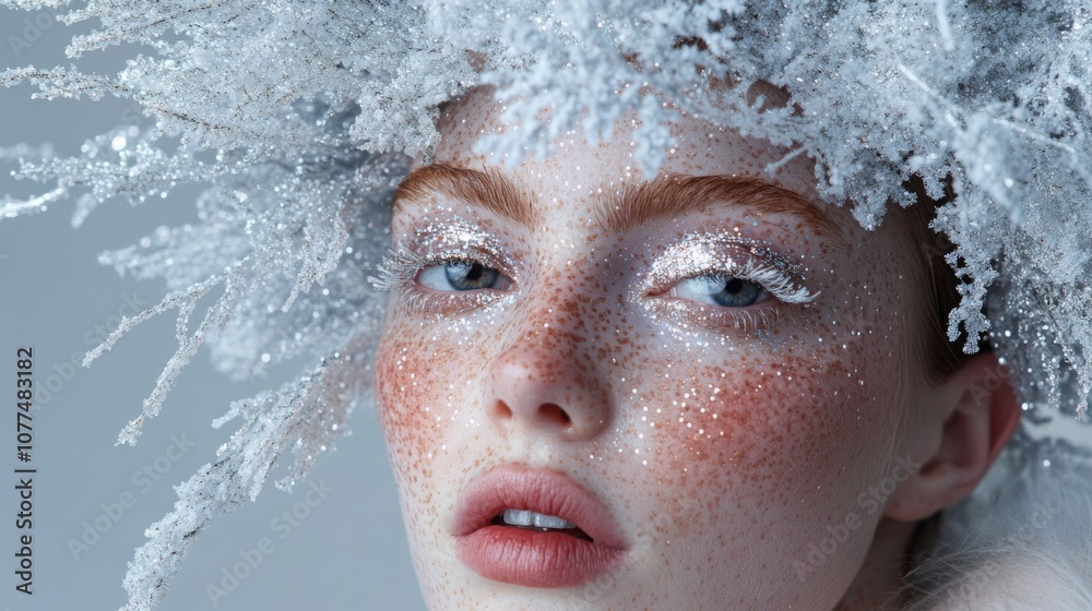 Aufkleber the model showcases an artistic winter-inspired look featuring icy makeup and a crown made of shimme