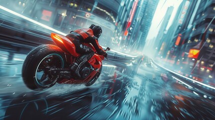 Obraz premium A superbike racing through a futuristic city, its sleek lines reflecting the advanced architecture