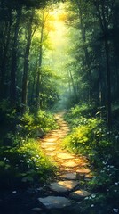 Obraz premium A serene forest path illuminated by soft sunlight, inviting exploration and tranquility.