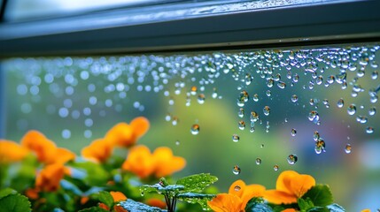 Raindrops falling on window pane with blurred orange flowers and green foliage behind it.