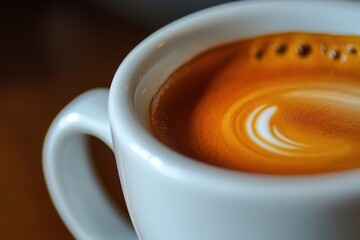 Close-up of fresh coffee in white cup with creamy swirl