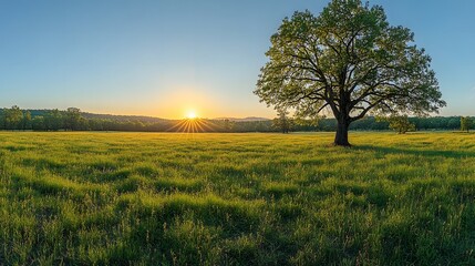 Fototapeta premium A serene landscape featuring a lone tree at sunset in a grassy field.