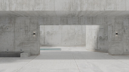Concrete architecture structure - round columns, open passage, pool