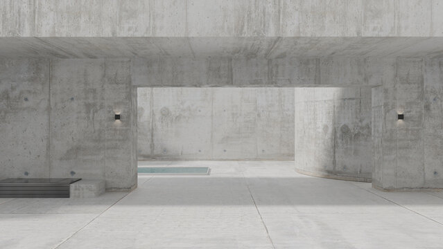 Concrete architecture structure - round columns, open passage, pool
