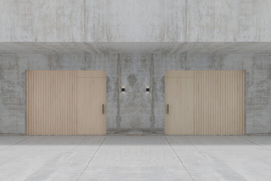 House entrance exterior,  two wooden doors and concrete walls