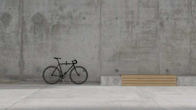 Parked bicycle near concrete wall and wooden bench, 3d render