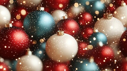 Festive christmas baubles with snowfall background for holiday celebration