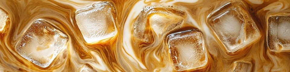 Close-up of swirling iced coffee texture with cubes
