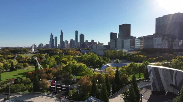 Aerial  of view of Maggie Daly Park in downtown Chicago, Illinois