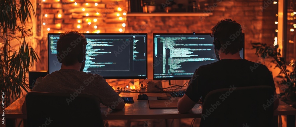 Wall mural two programmers intensely focused at their glowing computer screens, surrounded by a cozy, tech-focu