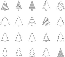 Christmas Tree simple line icons vector set. Christmas Tree with star thin line icons set. Linear fir, pine icon collection. New year holiday Simple contour xmas symbol isolated on white vector