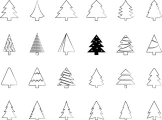 Christmas Tree simple line icons vector set. Christmas Tree with star thin line icons set. Linear fir, pine icon collection. New year holiday Simple contour xmas symbol isolated on white vector