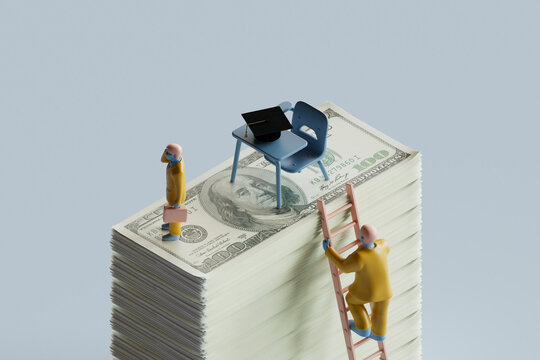 3D Render of Education Cost with Figures Climbing Money Stack