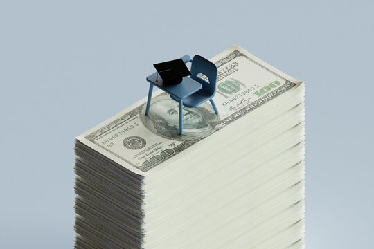 3D Render of Education Cost Concept with Money Stack and Desk