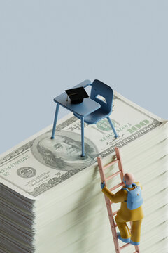3D Render of Figure Climbing Towards Education on Money Stack
