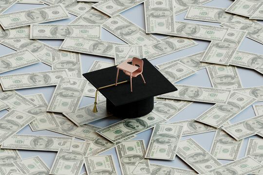 3D Render of Education Cost with Graduation Cap and Desk on Mone