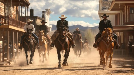 cowboys on horseback in a cowboy town