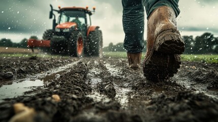 Farmer walking through muddy field with tractor in background.