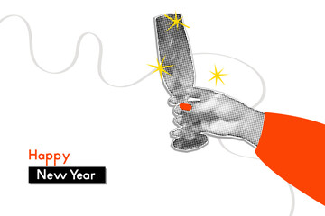 Christmas banner template with halftone hand holding champagne flute glass art collage. Cut out paper modern retro New year vector illustration