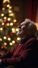 Excited Santa Claus man in Christmas suit sit in armchair with fir tree gifts hold classic black film making clapperboard isolated on red background. Happy New Year celebration merry holiday concept