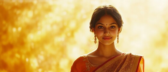 A serene woman in a sari basks in the golden sunlight, embracing warmth and cultural elegance in a peaceful outdoor setting.