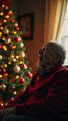Excited Santa Claus man in Christmas suit sit in armchair with fir tree gifts hold classic black film making clapperboard isolated on red background. Happy New Year celebration merry holiday concept