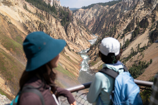 People looking at view of yellowstone