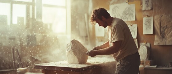 A sculptor intensely focused on shaping a marble block, with dust particles dancing in the sunlight of an inspiring studio.