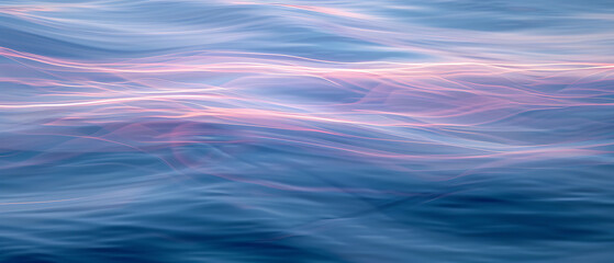 an abstract composition of soft, flowing waves and vertical light streaks, creating an ethereal atmosphere. The color palette consists of deep blues and hints of pink and purple