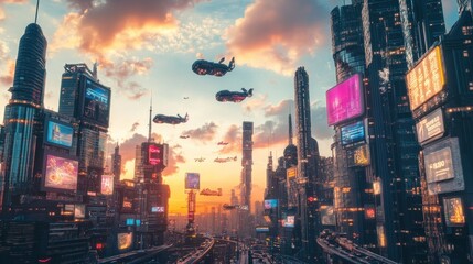 Fototapeta premium Futuristic Cityscape with Flying Vehicles at Sunset