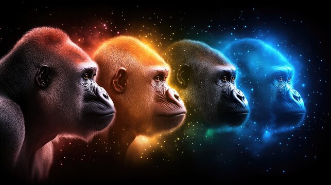 Vibrant evolution: four gorillas in colorful cosmic spectrum