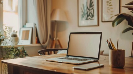 Fototapeta premium Cozy home office setup with laptop and natural decoration enhancing creativity and comfort