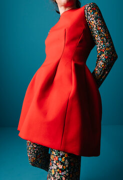Stylish Red Dress with Floral Print Sleeves Fashion
