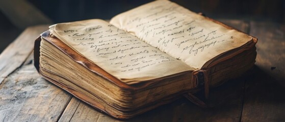 Obraz premium A weathered book filled with handwritten notes lies open on a rustic table, suggesting a past filled with stories and reflections.