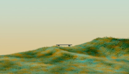 Lonely bench on a hill with green grass