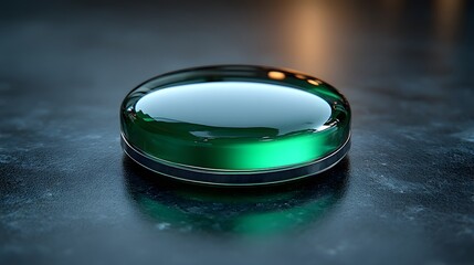 A smooth, green, circular object resting on a dark surface, reflecting light.